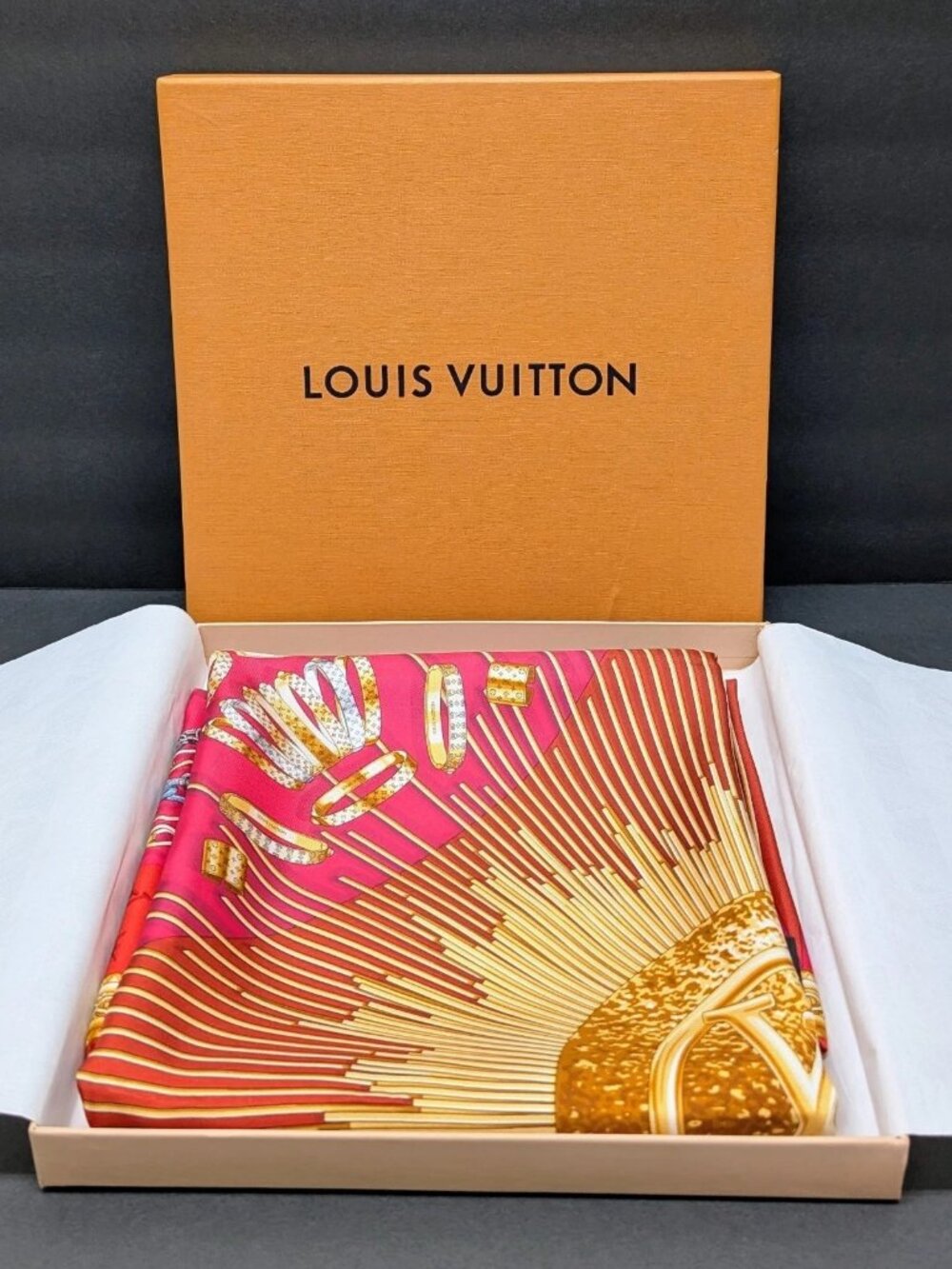 LOUIS VUITTON Silk Scarf Square Monogrammed Red Pink Gold with Box 35" NWT